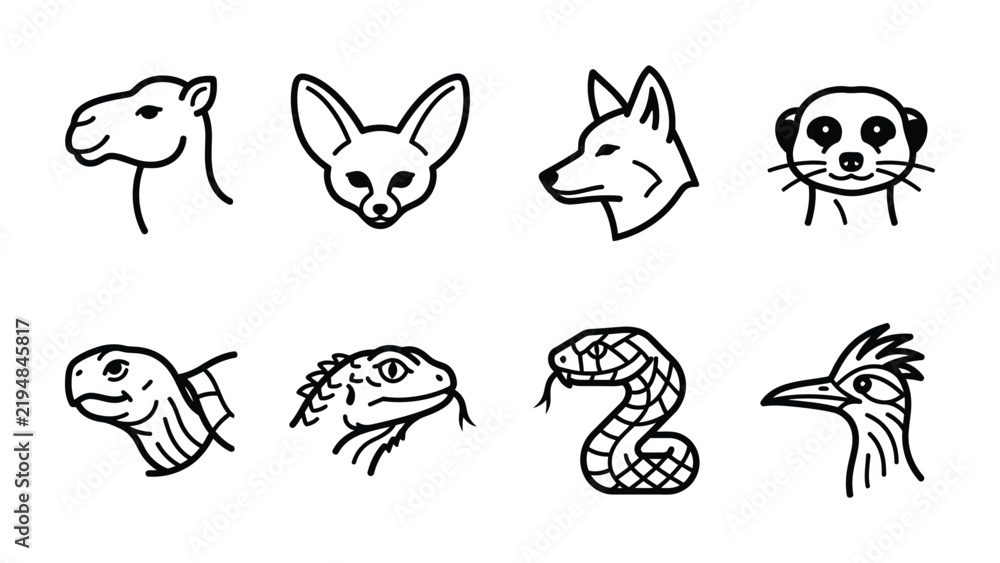 Obraz premium Desert Animals Collection: A collection of eight minimalist line art illustrations depicting various desert-dwelling animals including a camel, fennec fox, wolf, meerkat, lizard, cobra.