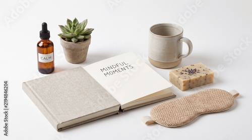 Self care products and an open journal with mindful moments text on a white background