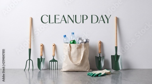 Gardening tools and a canvas bag with plastic waste for a cleanup day event
