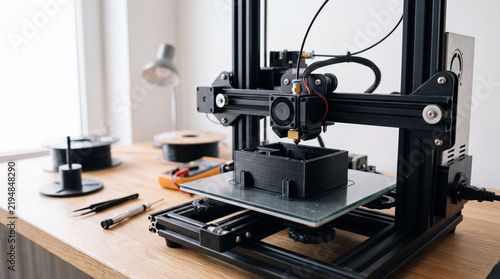 Obraz na płótnie Desktop 3D printer creating black prototype model on glass bed in workshop environment