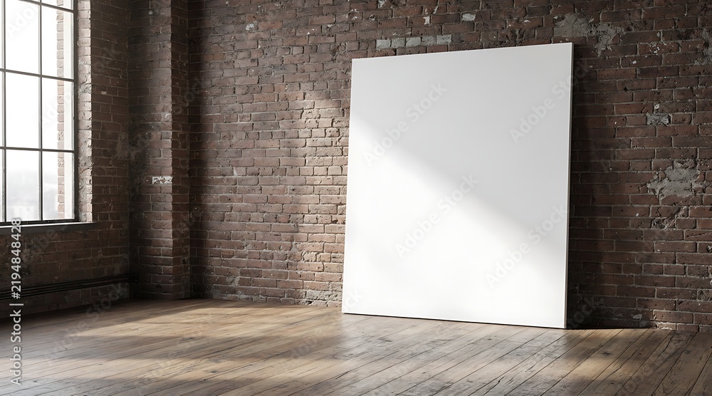 Obraz premium Large blank white vertical canvas mockup leaning against a rustic red brick wall in a minimalist industrial loft studio with natural window light and aged wooden floorboards.