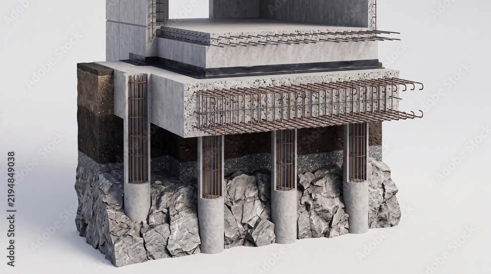 Obraz premium Reinforced concrete foundation with pile columns and rebar detailing for building construction
