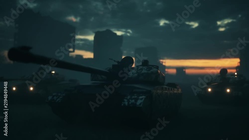 Three Military Tanks Advancing Through Ruined City at Dusk