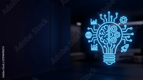 Blue neon light bulb icon with brain and gears symbolizing AI innovation and digital business strategy in a modern workspace.