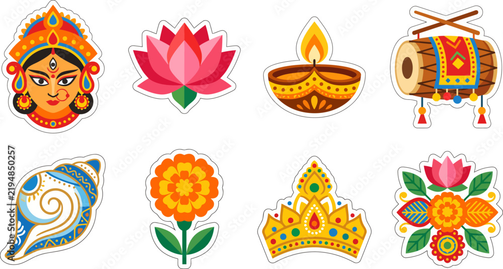Fototapeta premium Durga Puja icons depicting traditional symbols and deities for cultural celebration with editable vector elements