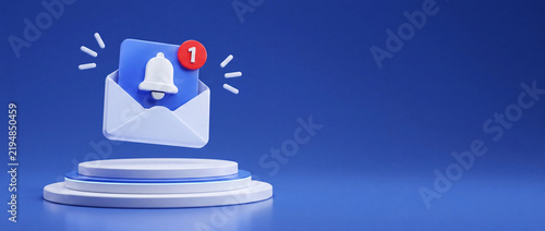 3D illustration of a mail notification icon featuring an open white envelope with a notification bell and a red numeric badge on a circular podium against a solid blue background.