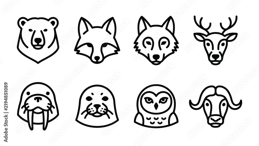Fototapeta premium Arctic Animal Icons: A collection of minimalist line art icons featuring various arctic animals like a polar bear, fox, wolf, deer, walrus, seal, owl, and musk ox.