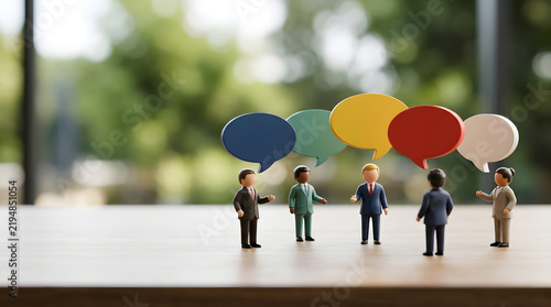 Professional miniature figures engaged in a collaborative teamwork discussion and customer feedback session featuring vibrant speech bubbles on a wooden surface with natural bokeh background.