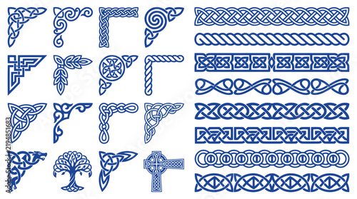 Premium set of celtic knotwork corner designs and decorative borders, traditional irish vector patterns for frames and page decorations