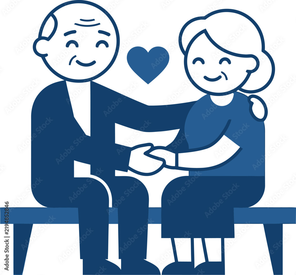 Fototapeta premium Loving Elderly Couple Holding Hands on a Bench with a Heart Symbol Representing Senior Romance and Companionship