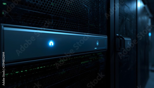 Extreme close-up of a glowing server rack security module inside a dark modern data center facility
