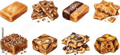 Vector Illustration Watercolor caramel and toffee sweets set with almond bark, salted caramel, pecan fudge, and honeycomb candy