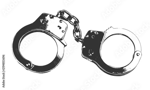 Distressed black metal police handcuffs silhouette with grunge texture representing criminal justice and arrest vector illustration