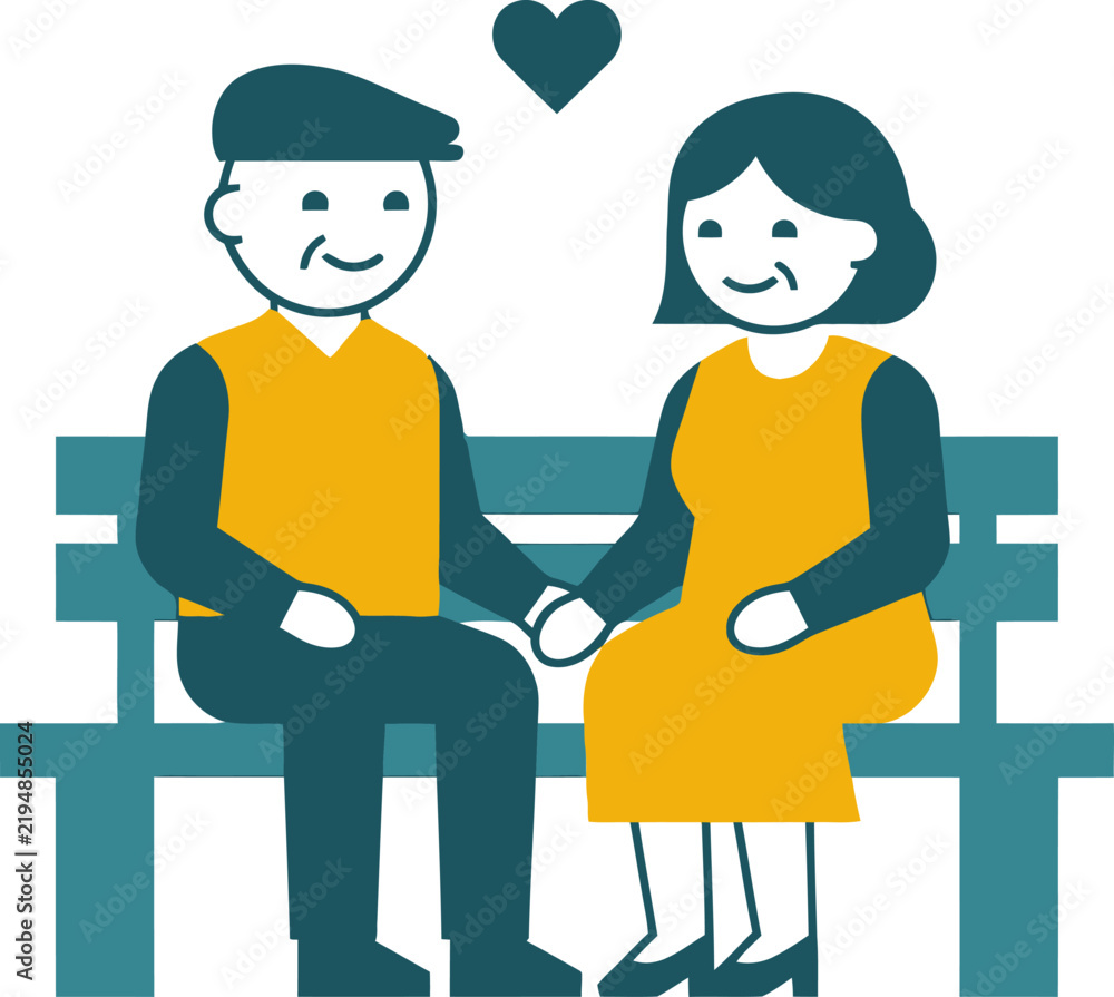 Fototapeta premium Flat vector illustration of a happy senior couple sitting on a park bench and holding hands, symbolizing love and lifelong companionship