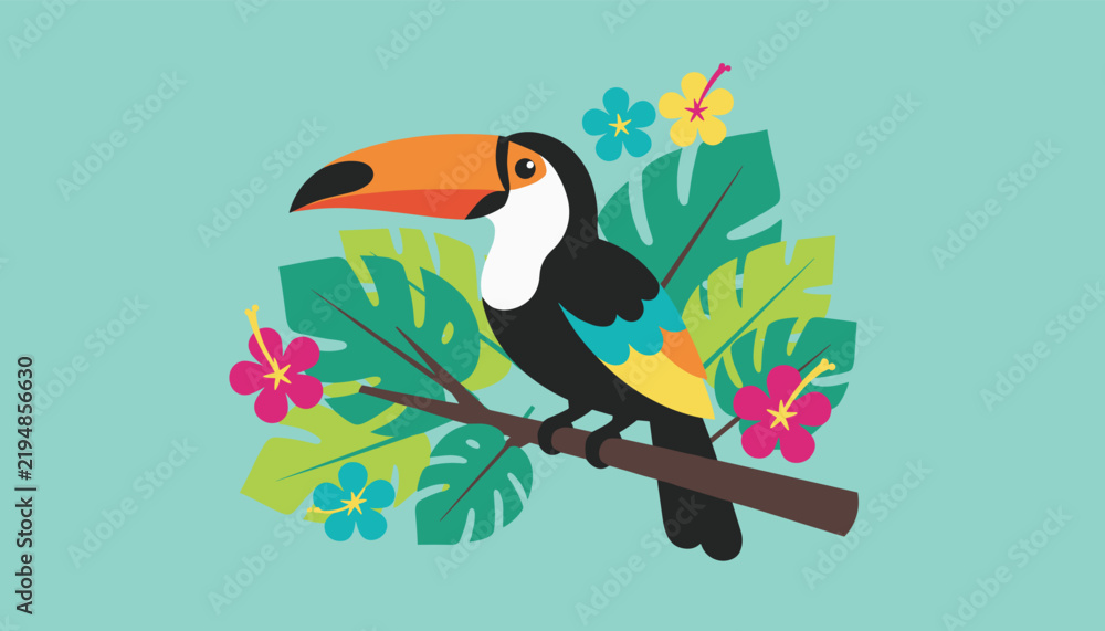 Fototapeta premium Beautiful tropical toucan bird perched on a branch surrounded by lush green monstera leaves and colorful hibiscus flowers.