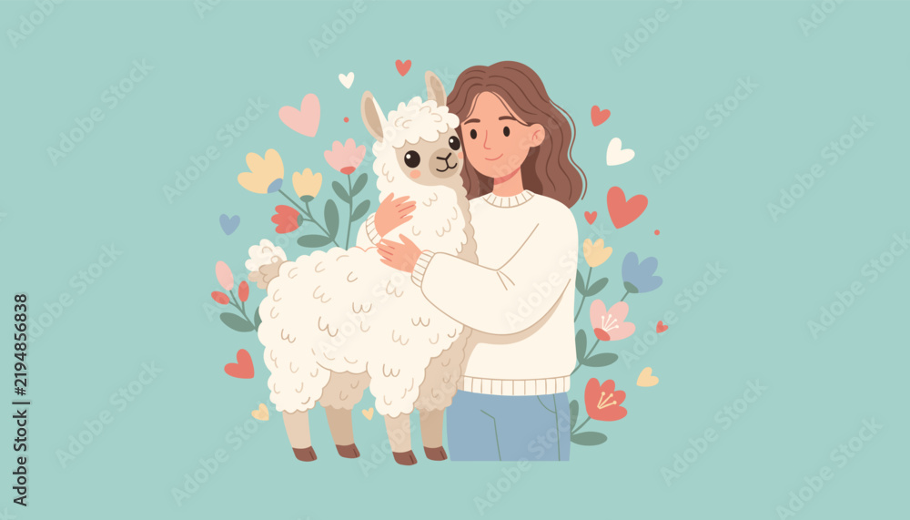 Obraz premium Beautiful young woman hugging a cute fluffy white llama with colorful flowers and red hearts on a teal background.