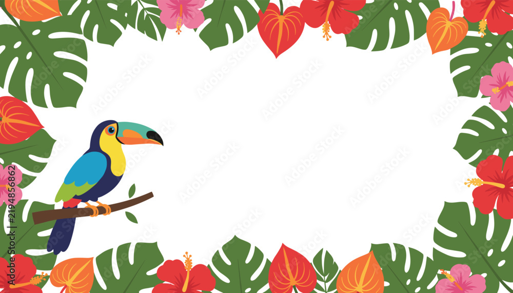 Fototapeta premium Vibrant tropical frame composed of green palm leaves, monstera foliage, hibiscus flowers, and a cute perched toucan.
