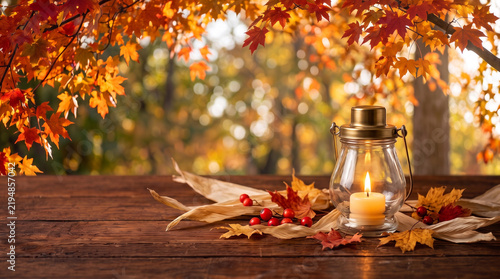 Autumn candle decoration with leaves and lantern on wooden table  
