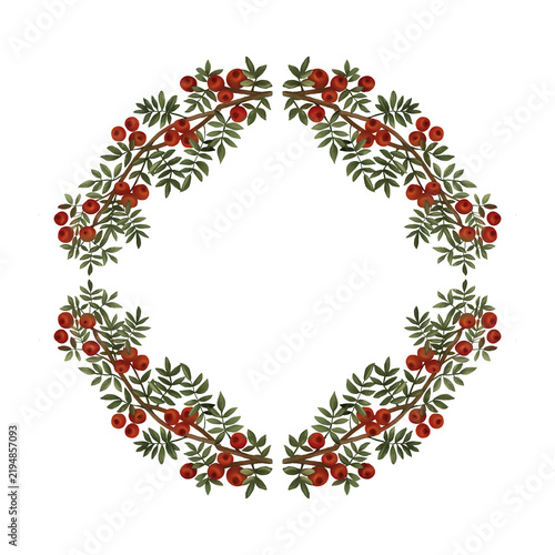 Natural botanical wreath with abundant red berries and leafy branches arranged in a graceful oval frame. Rustic vintage design for Christmas stationery, invitations, packaging, fabric and home decor.