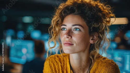 Young woman with curly hair working in a high-tech office environment at night
