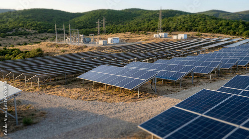 Solar panel farm with rows of solar panels in a green landscape  