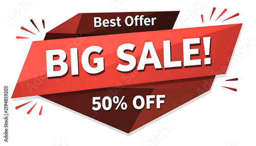 Big sale banner with 50 percent discount offer, red and dark brown geometric design element on transparent background