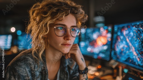 Young woman with glasses working at computer with multiple monitors in a dark tech office