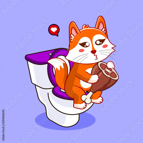 Fox Pooing on Toilet and Holding Meat Vector Illustration