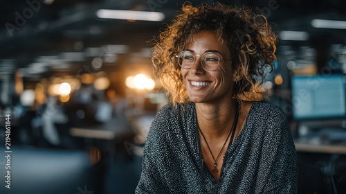 Woman with curly hair and glasses smiling in modern office environment