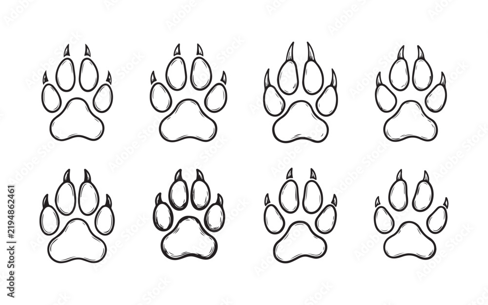 Obraz premium Set of eight hand drawn animal paw prints with claws outline sketches for sticker design.