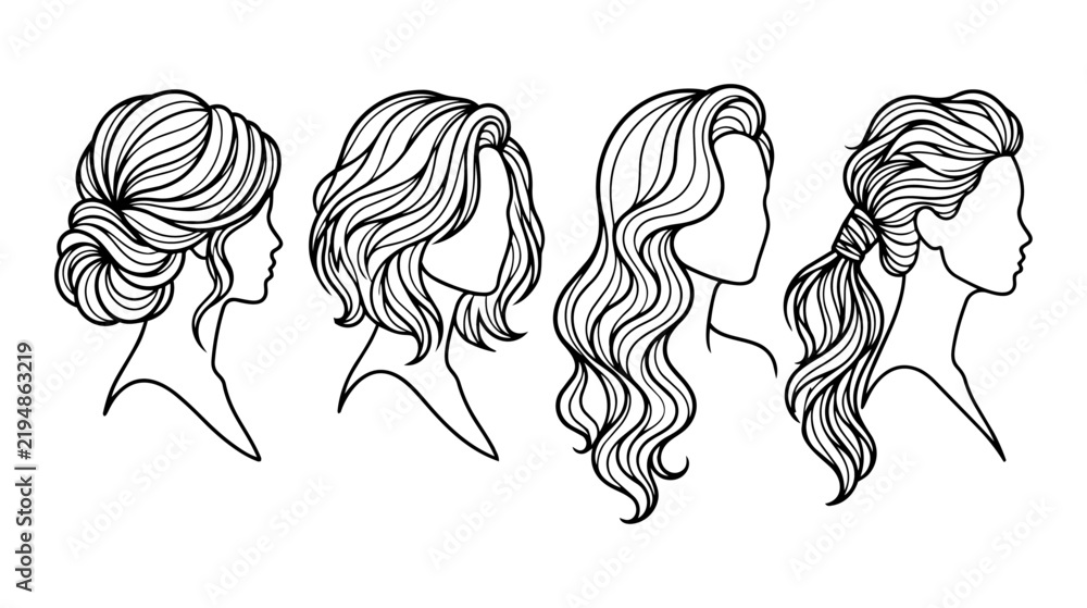 Fototapeta premium Hair Style Silhouette Set, Highly Thick Continuous Line Fashion CAD Technical Vector Artwork