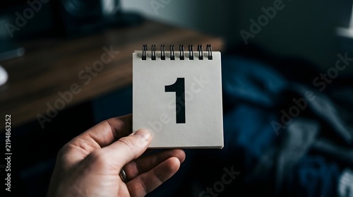 Hand holding a calendar page showing the number one new year concept