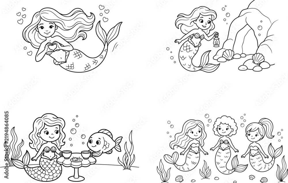 Fototapeta premium Cute Mermaid Coloring Pages Collection with Mermaid Friends and Underwater Adventures