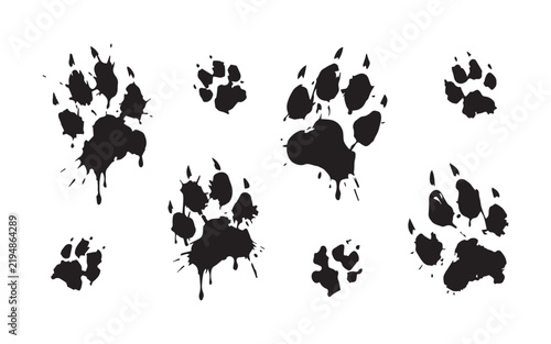 Black ink splattered animal paw prints set in various sizes for wildlife track illustrations.