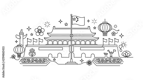 Traditional Chinese Palace Gate and Lanterns Celebration Line Art Illustration