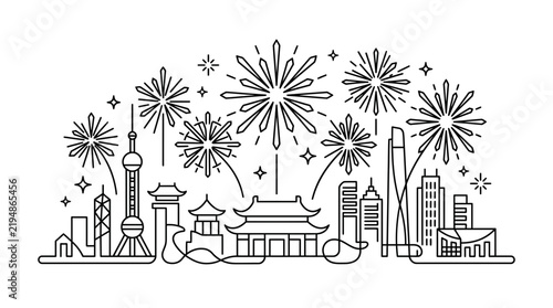 Festive City Skyline Illustration with Fireworks and Traditional Architecture in Minimalist Line Art Style
