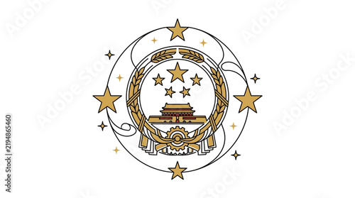 Oriental Emblem Design with Golden Stars Wheat and Imperial Palace Gate Illustration