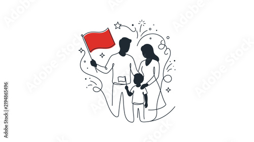 Happy Family Continuous Line Art Illustration Holding Red Flag for Celebration and Unity