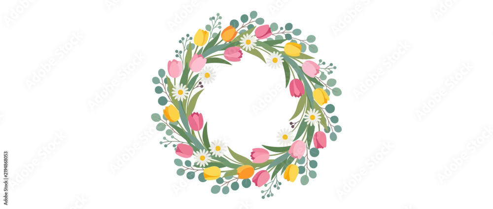 Fototapeta premium Spring Tulip Daisy Wreath Isolated Transparent Background Floral Frame