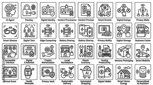 Set of modern digital lifestyle and technology line icons on a white background