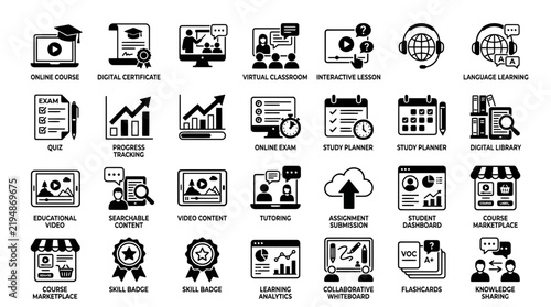 Set of black education and e-learning icons representing digital classroom tools