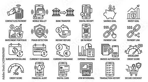 Set of fintech and digital banking line icons for mobile payment and finance apps