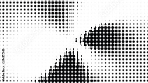 Grayscale halftone pattern creates dynamic angular contrast transitioning from dense black dots to pure white space.
