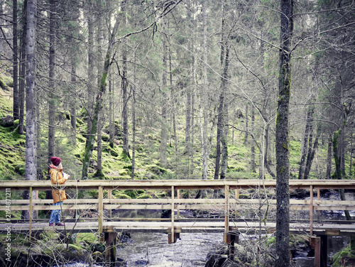 Woman standing on a wooden bridge over a flowing creek in an old mossy spruce forest.
