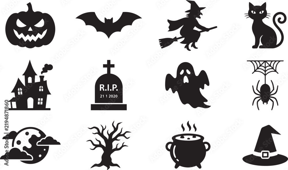 Fototapeta premium Halloween icon set with spooky black silhouettes on white