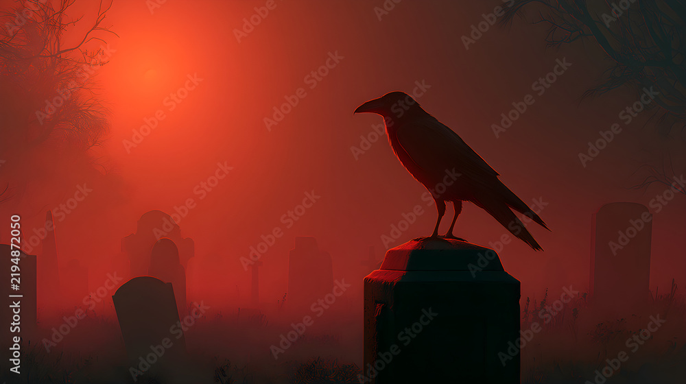 Obraz premium Halloween wallpaper, raven perched on a gravestone in a misty graveyard, haunting orange glow, deep red and black tones, dark fantasy art style, perfect for desktop wallpaper