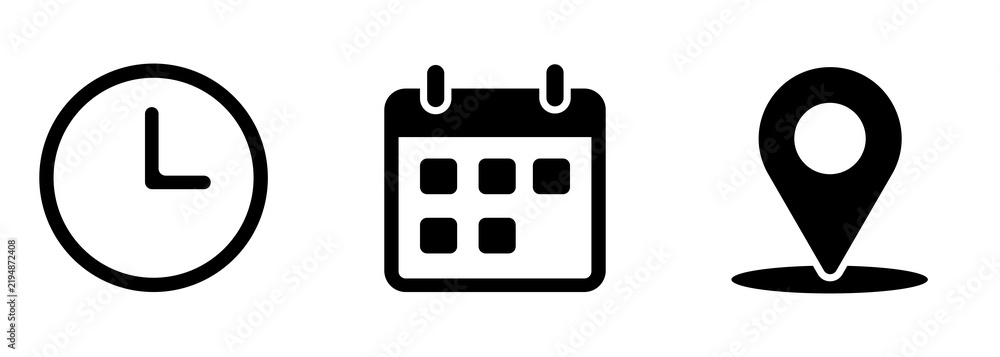 Naklejka premium Time icon, Date icon, Address icon vector illustration, Event elements sign symbol isolated , Date symbol, Time symbol , Address symbol, date sign, calendar sign, location sign isolated