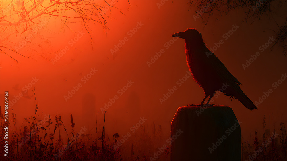 Obraz premium Halloween wallpaper, raven perched on a gravestone in a misty graveyard, haunting orange glow, deep red and black tones, dark fantasy art style, perfect for desktop wallpaper