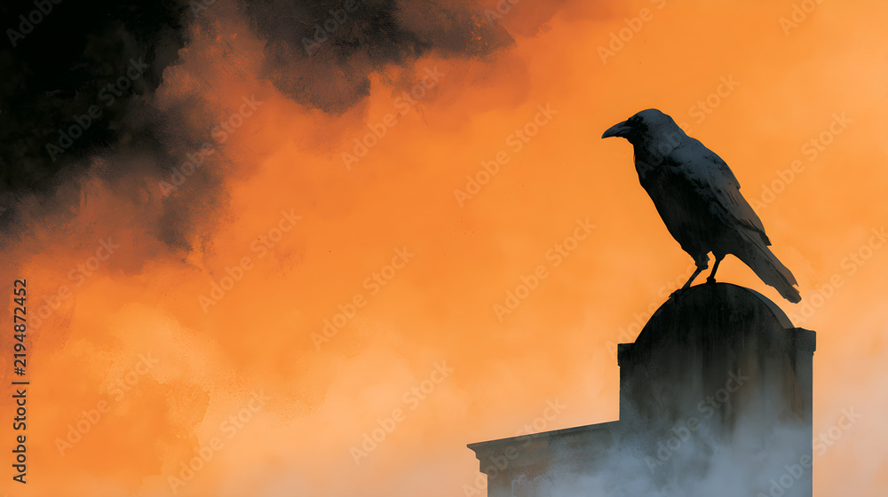 Obraz premium Halloween wallpaper, raven perched on a gravestone in a creepy old attic, ominous storm clouds gathering, orange and black color palette, watercolor illustration style, soft eerie fog effect