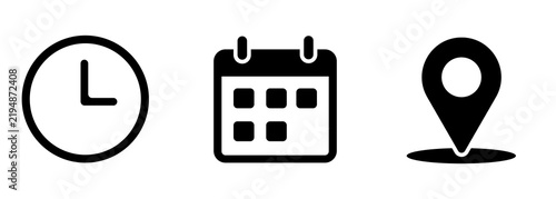 Time icon, Date icon, Address icon vector illustration, Event elements sign symbol isolated , Date symbol, Time symbol , Address symbol, date sign, calendar sign, location sign isolated